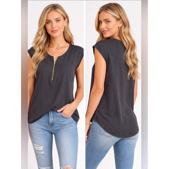 BOLD elements Tops - Bold Elements Womens Gray Short Sleeve Gold Zip Front High Low Blouse Size M